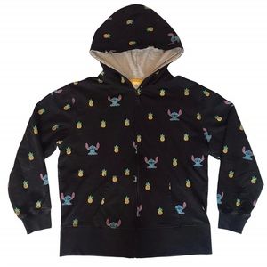 Disney Black Long Sleeve Stitch & Pineapples Zip Up Hooded Sweatshirt Sz Medium